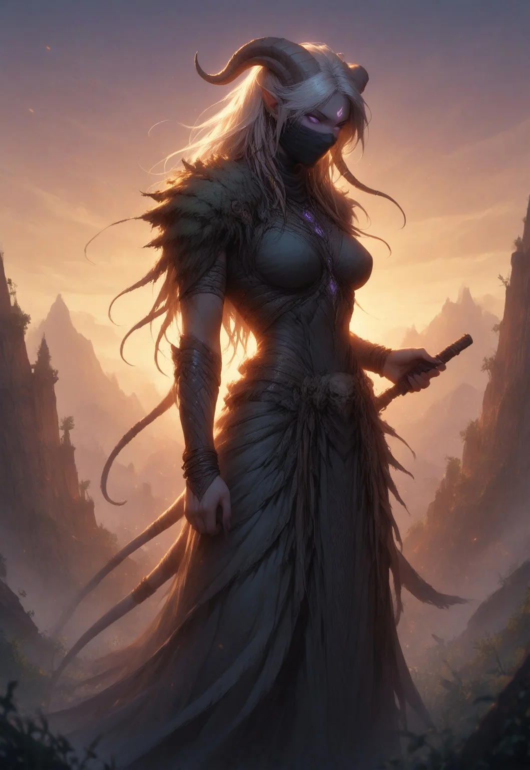 (absurdres, best quality, masterpiece:1.4), score_9, score_8_up, score_7_up, score_6_up, detailed, detailed body, detailed face, world of warcraft, fantasy,
fFaceDetail, SkinDetail, ((female, draenei, tall, athletic arms, pale white skin, smooth skin, long white hair, purple eyes, no pupil, no sclera, long white tail), (h0rns, ram horns, white horns),
(long fingers, purple fingernails, purple nail polish)),
(long loose white dress, simple armlet, black facemask, white silk scarf), GunMonk, shotgun, holding shotgun,
full body, side view
outdoor, evening, mountains, sunset