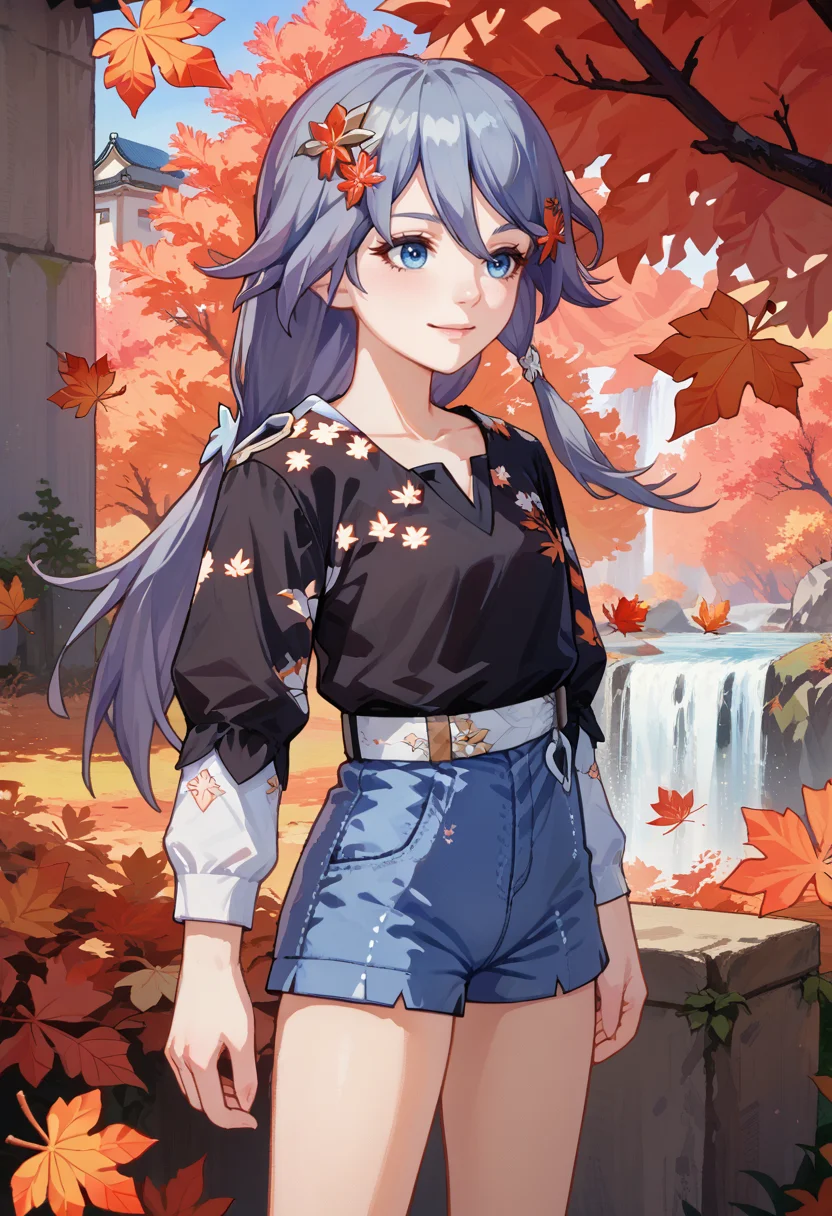 score_9, score_8_up, source_anime, HuaAutumn, blue eyes, grey hair, long hair, ponytail, hair ornament, black shirt, leaf print, sleeves past elbows, white belt, denim shorts, high-waist shorts, outdoors, autumn, falling leaves, smile, <lora:ChamFuHuaPonyXL:1>