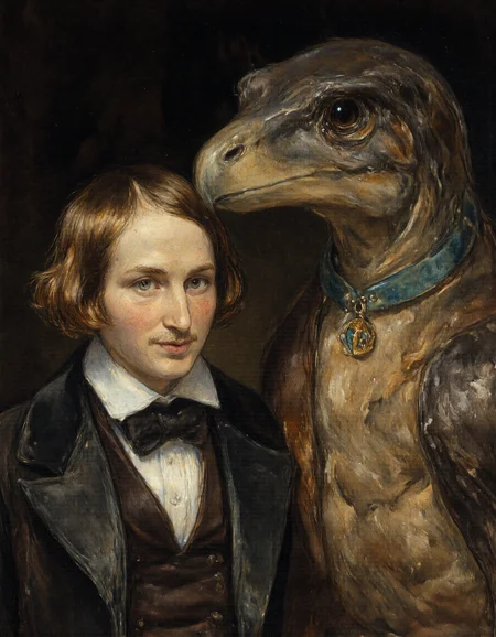 Rembrandt style raw 8k photo, The image is a high-resolution photograph featuring a man and a veloceraptor against a solid black background. The old man, positioned slightly to the left, has medium-length, tousled brown hair . He is wearing a fitted, 19th century suit that contrasts with his fair skin. His expression is calm and slightly contemplative, with a direct gaze looking slightly off-camera to the right.,
The veloceraptor, positioned to the right of the man, is a large, muscular breed with a rich, dark brown coat. The veloceraptor has a serious, attentive expression, with its dark eyes focused on the camera. Around theveloceraptor's neck is a teal collar with a diamond-shaped tag in gold,
The lighting in the photograph is soft but focused, highlighting the man's features and the veloceraptor's skin, creating a warm and inviting atmosphere. The overall composition of the image is intimate and close-up, emphasizing the bond between the man and the veloceraptor The black background ensures that the subjects are the focal point of the photograph., <lora:Dark_Ghibli:0.8>, <lora:Cartoon_Sheva:0.8>, <lora:Watercolor_painting_v2:0.3>, watercolor painting, <lora:GOGOL:1> . Baroque, chiaroscuro, realistic, emotional, "flat lighting