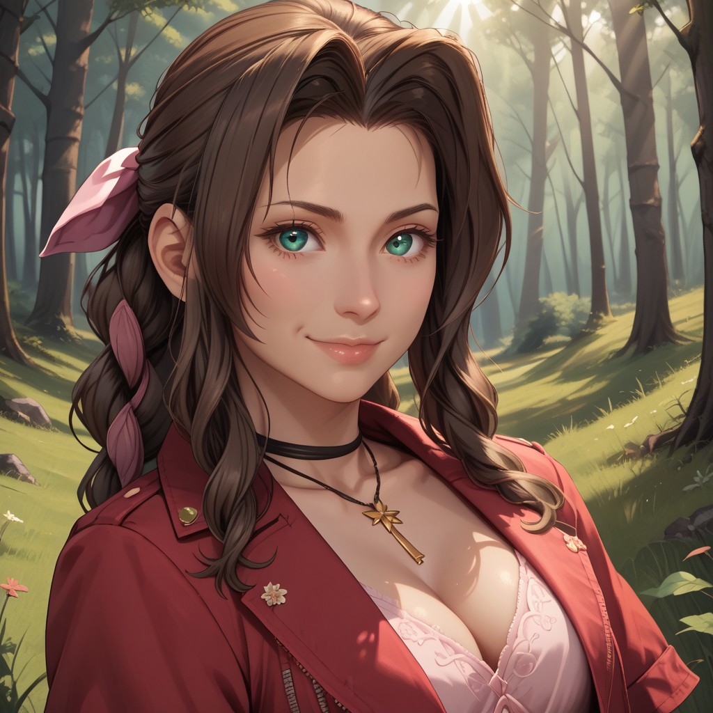 score_9, score_8, BREAK, solo, Aerith Gainsborough, brown hair, braided ponytail, pink hair bow, choker, necklace, red cropped jacket, short sleeves, pink dress, long dress, brown boots,, sexy pose, self portrait, smile, outdoors, sunlight, shadows, evening lighting, natural lighting, forest, trees, grass, orange sky, sunset
