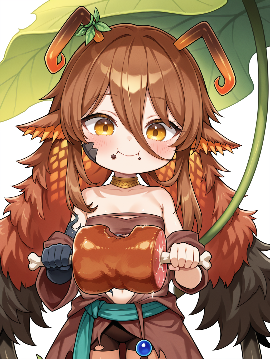 arthropod girl,traptrix holeutea,1girl,eating,solo,blush,holding boned meat,leaf,under leaf,chibi,plant,closed mouth,white background,smile,simple background,brown bandeau,gold choker,single animal hand,brown revealing clothes,face scales,
masterpiece,best quality,amazing quality,very aesthetic,absurdres,newest,<lora:Traptrix Holeutea illuXL v1:0.7>,