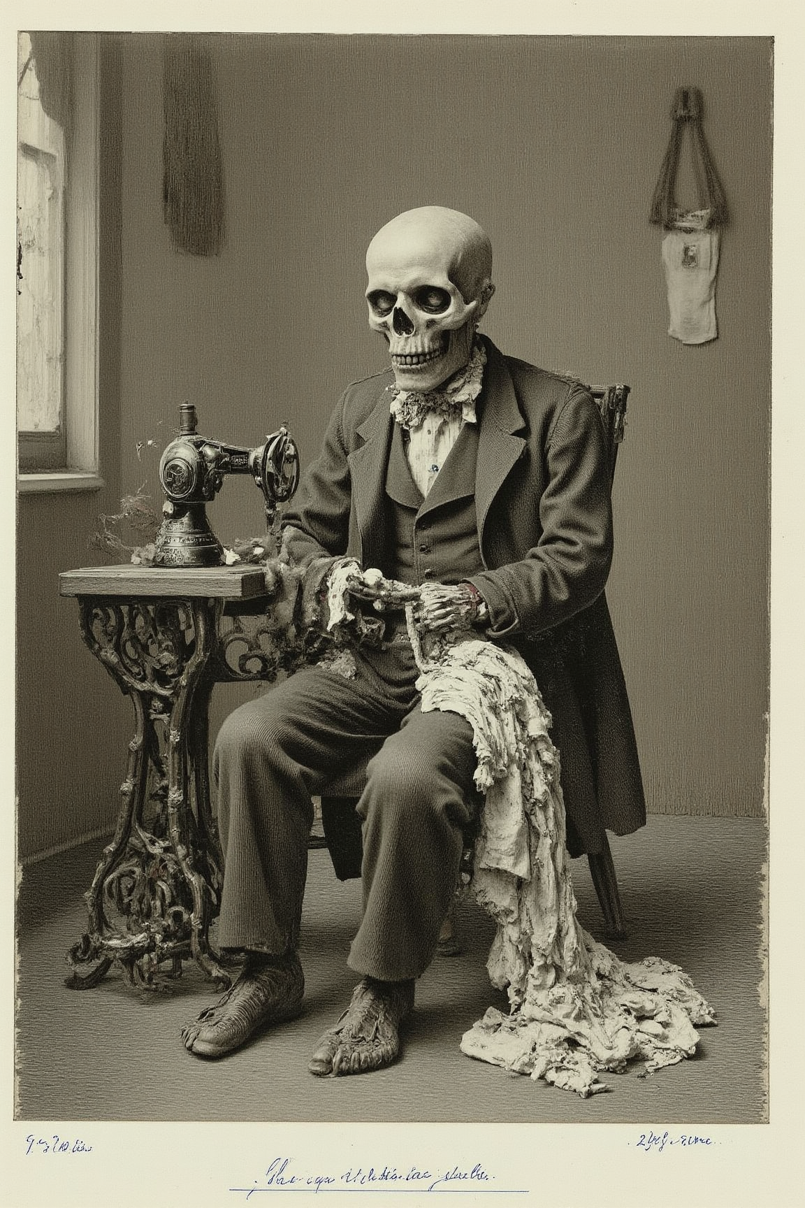 YFG-Sm0rg, An etching of a ragged zombie skeleton dressed in a tattered Victorian suit sitting in a tailor's shop sewing rags with a vintage sewing machine. Looking at viewer.