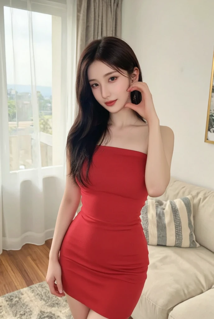 Full-body photo of a stunning Korean woman backlit by soft light. She stands in a modern livingroom with a red dress. Her beautiful face, with delicate features and fair skin, beams at the viewer. Her black hair falls down her back like silk, framing her slim hourglass figure. Medium breasts are perfectly proportioned to her slender physique. She is making a cheekheart