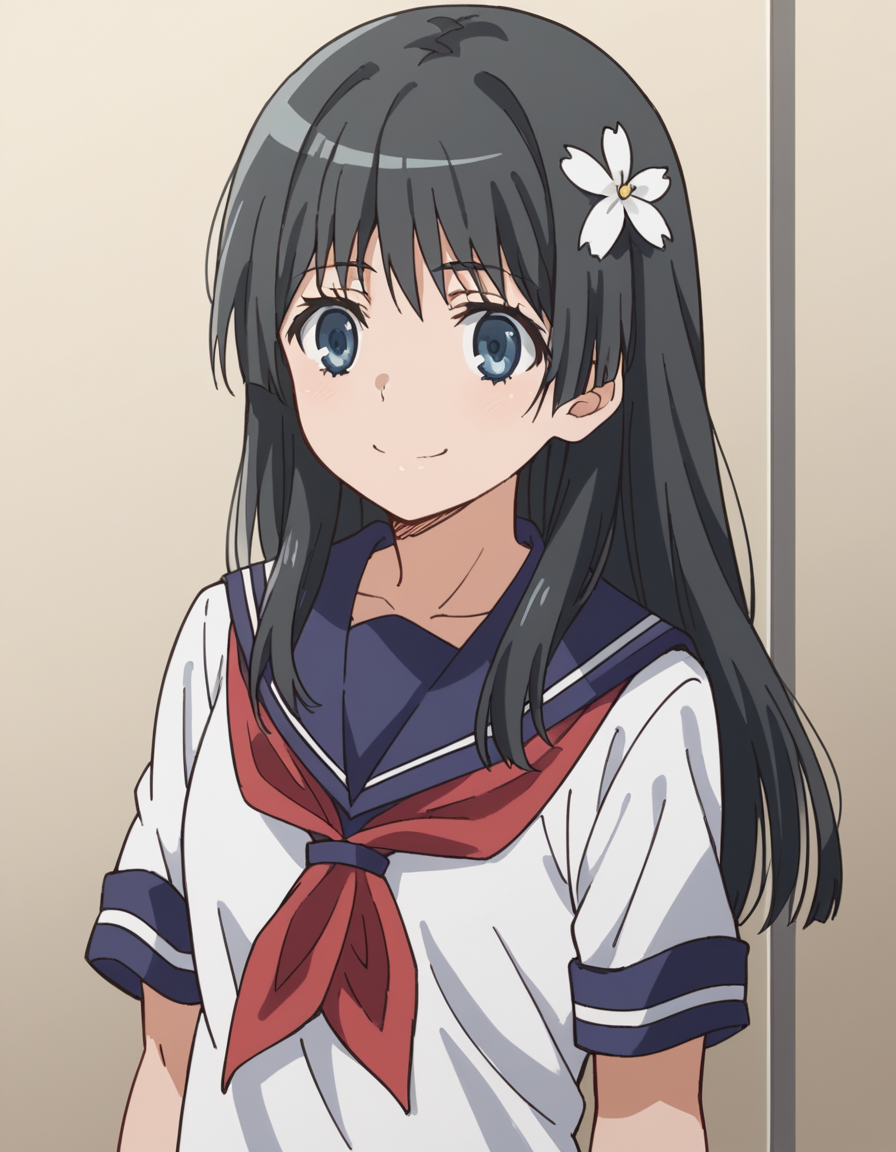 score_9, score_8_up, score_7_up, source_anime, <lora:saten-ruiko-s3-ponyxl-lora-nochekaiser:1>, saten ruiko, black hair, blue eyes, long hair, hair ornament, flower ornament,, blue skirt, pleated skirt, sakugawa school uniform, school uniform, serafuku, skirt, summer uniform,, hospital room, bedside, get well flowers, comforting, quiet, smile, , arm across chest, knee forward, hand clenched, solo,, cowboy shot, dutch angle