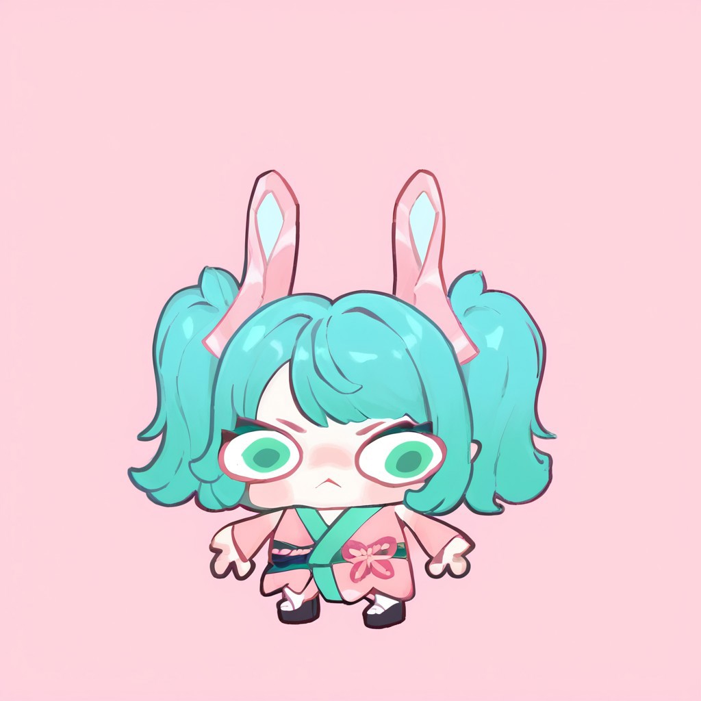 score_9, score_8_up, score_7_up, sticker, ((high contrast:1, white outline:1)), pink background, vootree, big eyes,  noseless, three fingered hand, tiny hands, tiny feet, :3, chibi, solo, 1girl,  capkmn, green eyes, aqua hair, green hair, twintails, medium hair, rabbit tail, pink hair ornament, japanese clothes, pink kimono, short kimono, obi, detached sleeves, bare shoulders, wide sleeves, long sleeves, platform footwear, white socks