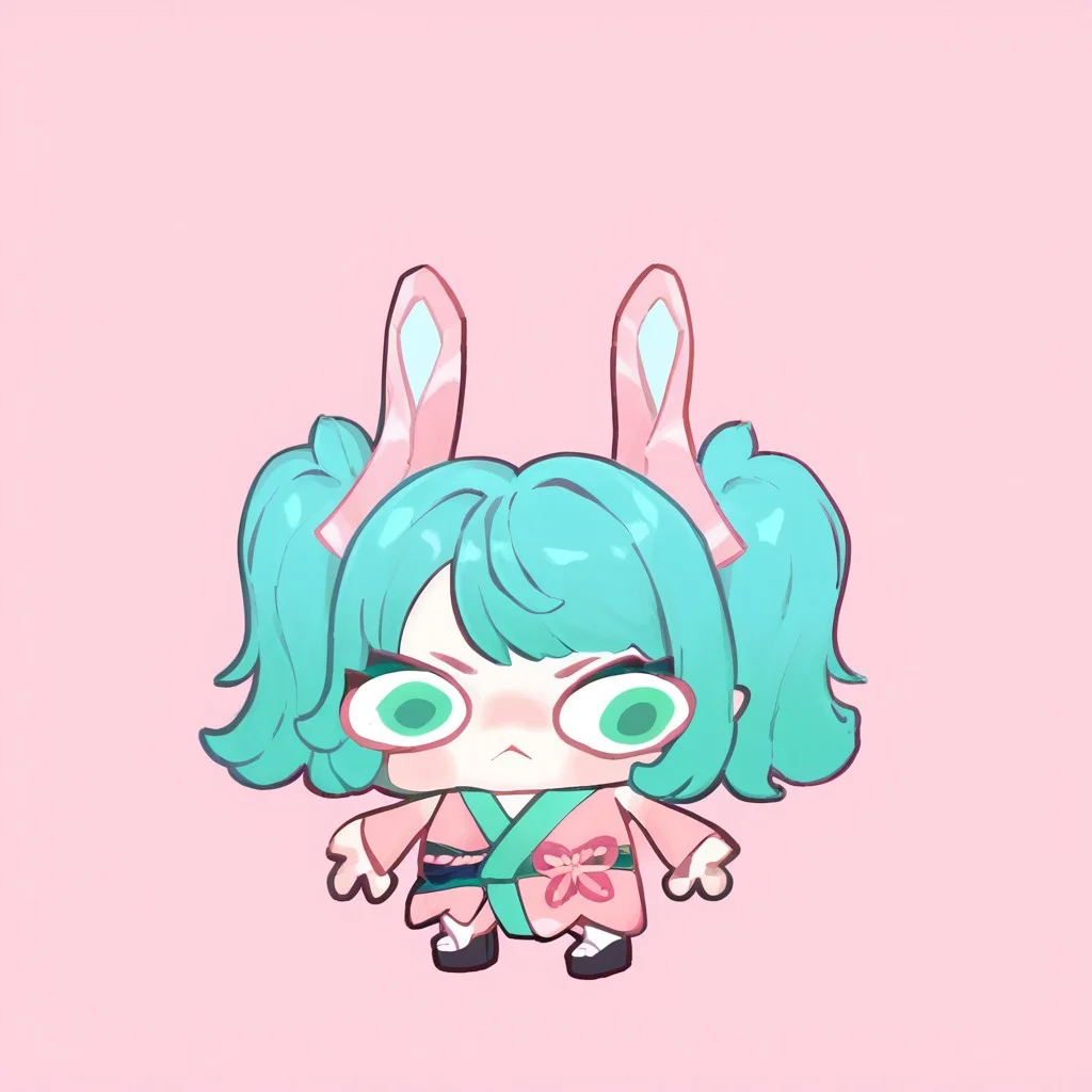 score_9, score_8_up, score_7_up, sticker, ((high contrast:1, white outline:1)), pink background, vootree, big eyes, noseless, three fingered hand, tiny hands, tiny feet, :3, chibi, solo, 1girl, capkmn, green eyes, aqua hair, green hair, twintails, medium hair, rabbit tail, pink hair ornament, japanese clothes, pink kimono, short kimono, obi, detached sleeves, bare shoulders, wide sleeves, long sleeves, platform footwear, white socks