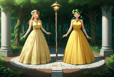 score_9,score_8_up,score_7_up,score_6_up,score_5_up,1girl, source_anime,20yo,mallow_(pokemon),pokemon,green_hair, green_eyes,curvy,wooden armored shoulder,dress made of wood,wooden hair accessories,wooden wall,greenhouse,glass house,conservatory,taiga forest in background,oil painting in background,wooden pot,blackberry bush,(dirt field),moss on bricks,clouds,(statues),(painted rocks),(floral crown),(beaded necklace),hair accesories,flower pattern,(vines),dress,holding wooden staff,long skirt,long dress,yellow dress,glowing eyes, (long nails),flower on hair,huge flowers,gold robes,(ice),flags,(wide hips),thick thighs,thick legs,(hand sign),(perfect hands), stone road,glowing brown orb,gold flowers,sunrays,symbols, tongue,happy,(steamy breath),(motion lines:1.4),drunk,sweat, ((drunk bubbles)),(trembling lines:1.4),(flying sweatdrops:1.4), masterpiece,best_quality,newest,absurdres,best shadow,light particles,highly detailed background,amazing quality,detailed face,highly detailed skin,very detailed clothes,emphasis lines, (very aesthetic),speed lines,high quality,best lighting,detailed eyes,dynamic angle,green aura,water,<lora:add-detail-xl:2>, PG-TR