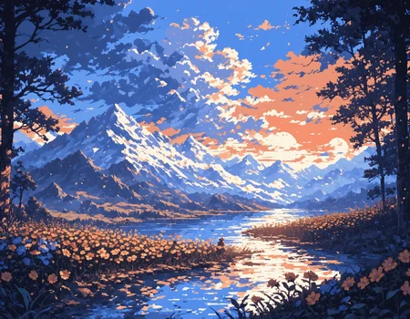 score_9, score_8_up, score_7_up, score_6_up,score_5_up,score_4_up, source_anime,
sunlight, light particles, cloud, flower field, mountain, lake,
<lora:StS_detail_slider_v1:-2> <lora:d3p1x3lXLP:0.9> d3p1x3l, pixel art, <lora:cr33pXLP:1> cr33p,