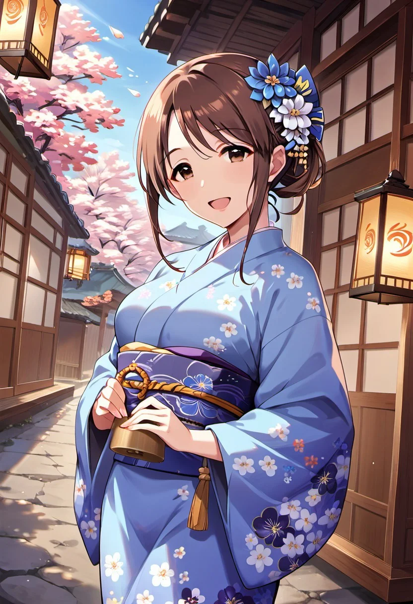 score_9, score_8_up, score_7_up, source_anime, mifune miyu, brown hair, brown eyes, long hair, 1girl, japanese clothes, kimono, hair ornament, solo, hair flower, smile, blue kimono, flower, open mouth, floral print, lantern