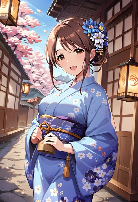 score_9, score_8_up, score_7_up, source_anime, mifune miyu, brown hair, brown eyes, long hair, 1girl, japanese clothes, kimono, hair ornament, solo, hair flower, smile, blue kimono, flower, open mouth, floral print, lantern