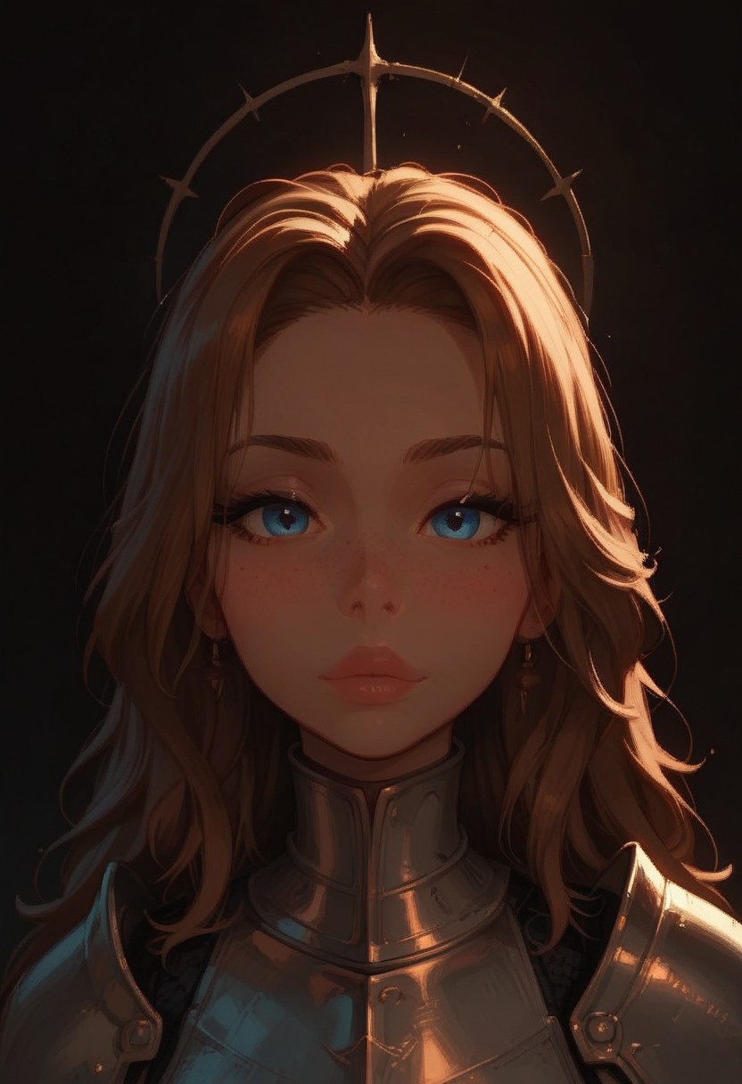 score_9, score_8_up, score_7_up, score_6_up, 1girl, solo,wearing shiny knight armor,knight armor, cute freckled face, cute round face, thin waist, short, lidded eyes, full body shot,steamy, golden hour lighting, some skin visible,warm lighting, good lighting, looking at viewer