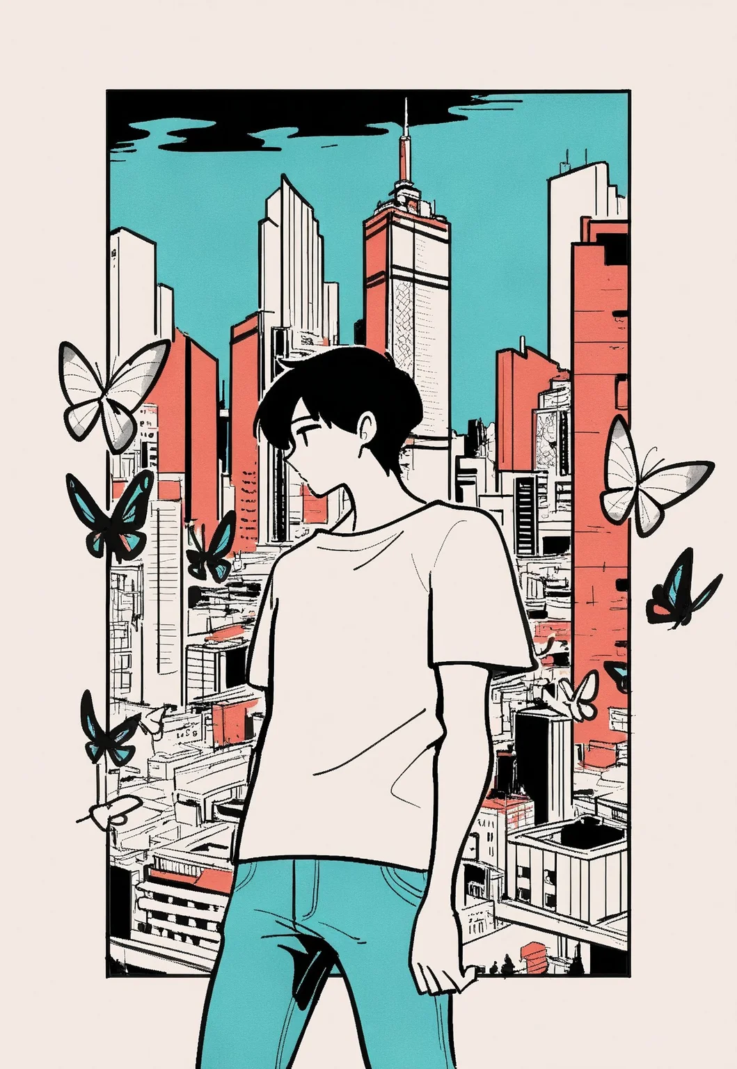 IllustriousQual fern ,butterfly, 1boy, male focus, shirt, denim pants, superhero aesthetic, outdoors, city view, , extremely detailed,  WatercolorMangaLLS