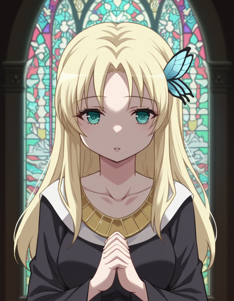 score_9, score_8_up, score_7_up, source_anime, <lora:sena-kashiwazaki-s2-ponyxl-lora-nochekaiser:1>, sena kashiwazaki, long hair, blonde hair, hair ornament, aqua eyes, butterfly hair ornament,, <lora:buddhist-nun-ponyxl-lora-nochekaiser:1>, buddhist nun, nun, habit, vitakra mudra, mudra, coif, gold necklace, priestess,, church, parted lips, praying,, cowboy shot