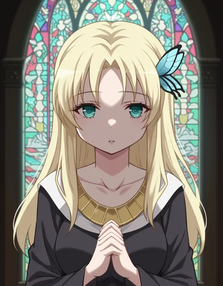 score_9, score_8_up, score_7_up, source_anime, <lora:sena-kashiwazaki-s2-ponyxl-lora-nochekaiser:1>, sena kashiwazaki, long hair, blonde hair, hair ornament, aqua eyes, butterfly hair ornament,, <lora:buddhist-nun-ponyxl-lora-nochekaiser:1>, buddhist nun, nun, habit, vitakra mudra, mudra, coif, gold necklace, priestess,, church, parted lips, praying,, cowboy shot