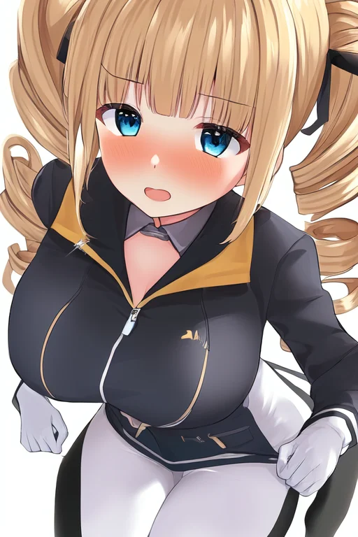 1girl, bangs, black jacket, blue eyes, blush, by b-ginga, drill blonde long hair, large breasts, open mouth, solo, thighs, tight white pants, twin drills, white background, white gloves, from above