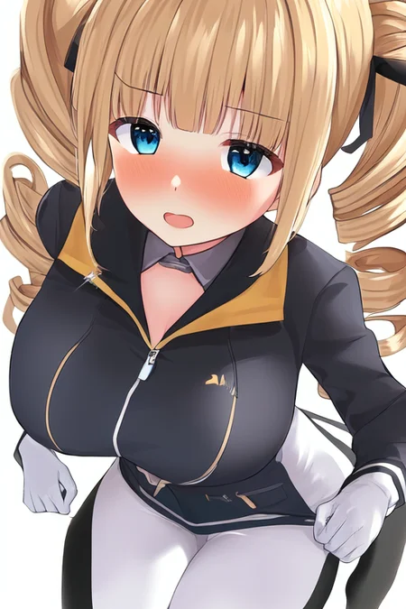 1girl, bangs, black jacket, blue eyes, blush, by b-ginga, drill blonde long hair, large breasts, open mouth, solo, thighs, tight white pants, twin drills, white background, white gloves, from above