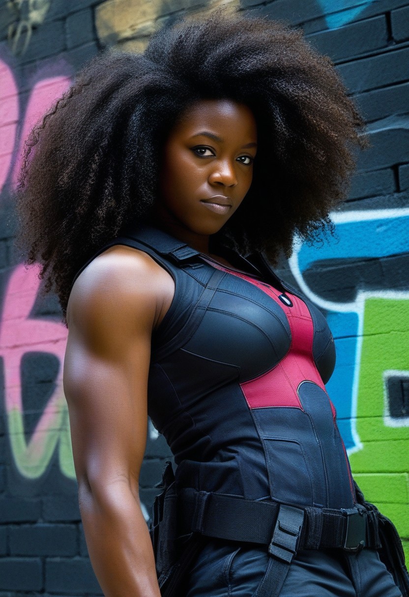eye level, headshot,dark skinned woman,upper body shot, a female character from the deadpool franchise,  muscular,, sleeveless black tactical suit, dynamic pose, dark skin, , frizzy hair, Behind her, sprawling graffiti covers the walls. The setting captures a modern superhero aesthetic with vibrant colors, intricate patterns, and detailed textures. Professional portrait photography with sharp focus and dramatic urban lighting, emphasizing rich colors and textural details.Canon EOS 5D mark IV, outdoors,urban landscape, dutch angle, shot on Canon EOS 5D mark IV,ImgFixerPre0.3