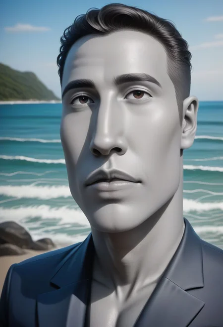 cinematic lighting, extremely detailed, high detail, hires textures, incredibly detailed, intricate details, intricate diorama, masterpiece, outstanding intricacies, photorealism, true masterpiece, Moai Statue, Moai face, Moai man, wearing a suit, shore background, luscious, Exquisite, full body, coastal view, sea, waves,
