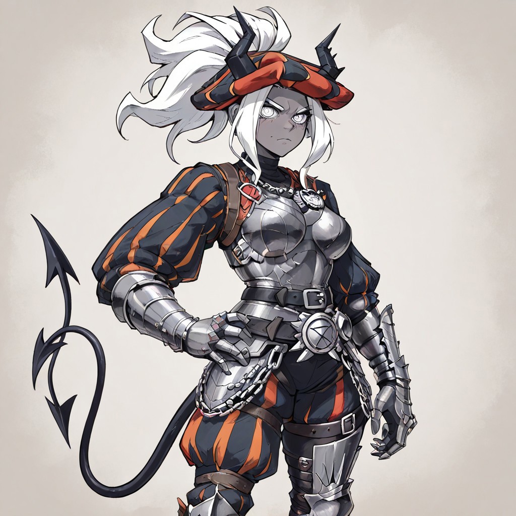 masterpiece, best quality, newest, absurdres, highres, anime, anime style, TTCSV1.0
LKAV1.0, landsknecht, armor, belt, breastplate, chaperon hat, faulds, asymmetrical legwear, asymmetrical armor, puffy sleeves, puffy pants,
1girl, judgement \(helltaker\), grey skin, grey colored skin, dark skin, demon girl, demon tail, demon horns, horns, gauntlets, belt, black belt, white hair,