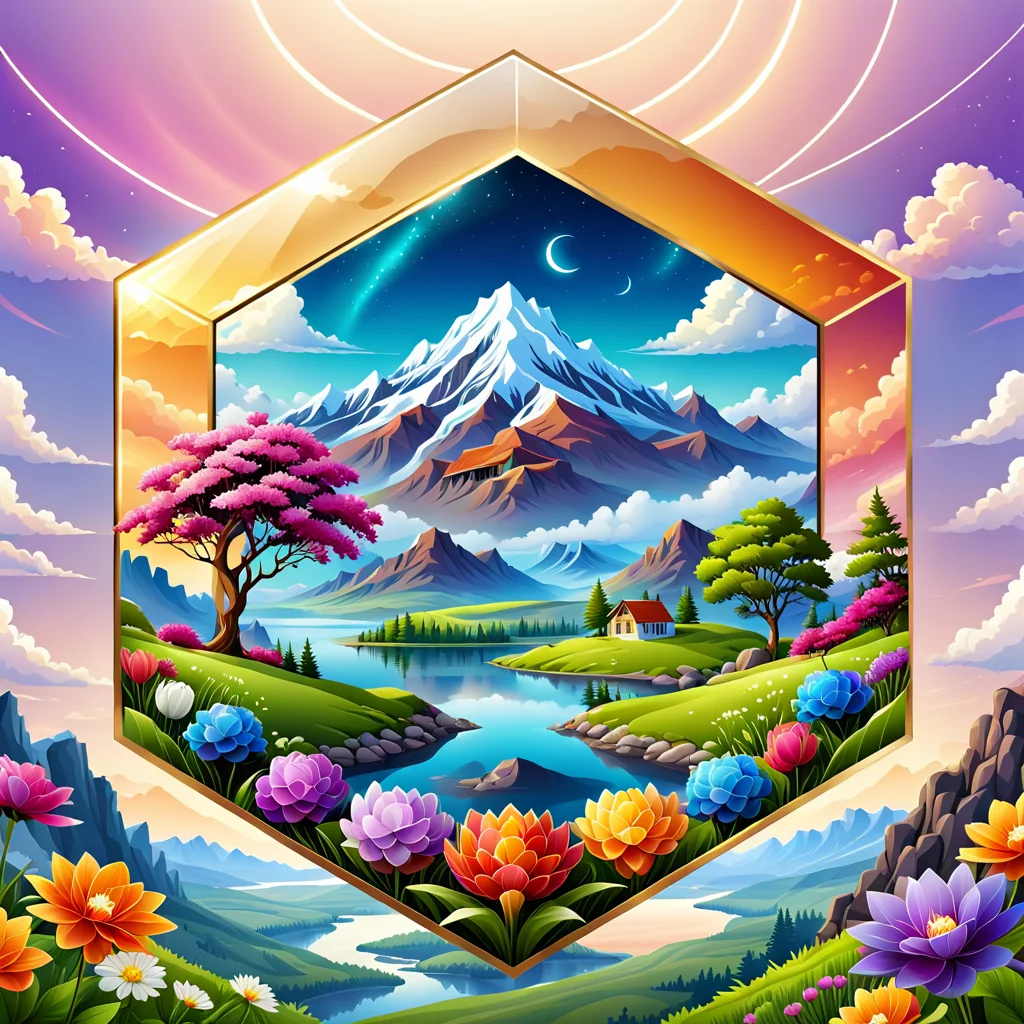 a hexagon with a beautiful landcape on it, vector, <lora:badgemkrsdxl:0.9>, best quality, badgemkrsdxl, flowers, mystical, white background