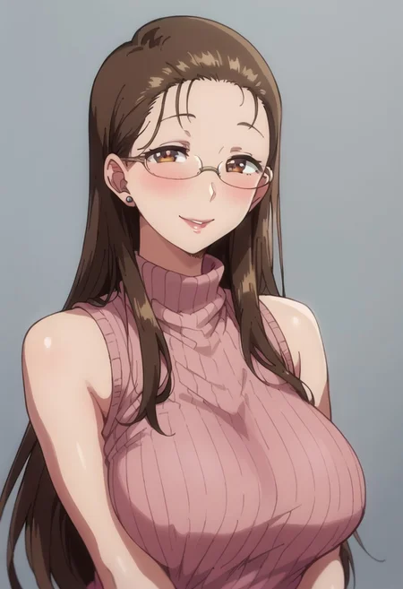 score_9, score_8_up, score_7_up, score_6_up, source_cartoon, 1girl,
sexy hips , blush,smile, solo, TomoeKisaragi,1girl,brown hair,long hair,forehead,brown eyes,eyewear, huge breasts, turtleneck,pink ribbed sweater,sleeveless, upper body