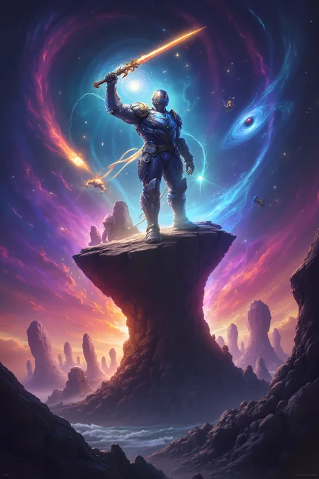 A grand cosmic scene featuring a powerful, armored guardian standing atop a floating asteroid. The guardian wields an enormous, glowing sword as he defends the galaxy from an incoming wave of energy creatures. The vastness of space is filled with swirling nebulae, distant stars, and a massive black hole in the distance. The atmosphere is intense and heroic, with vibrant colors and dramatic lighting. (illustration, epic, sci-fi, detailed, vibrant, concept art, masterpiece)