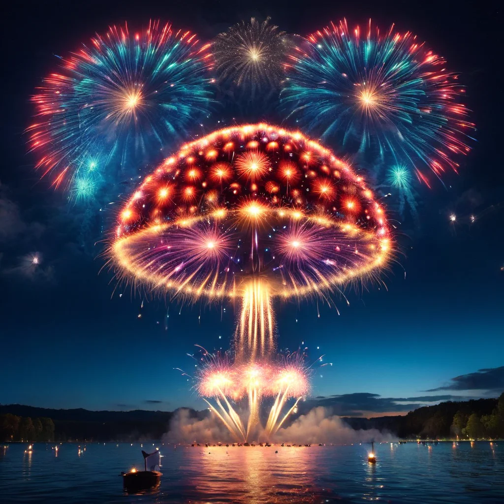 (masterpiece), frwks<lora:frwks:1>,mushroom made out of fireworks, above water