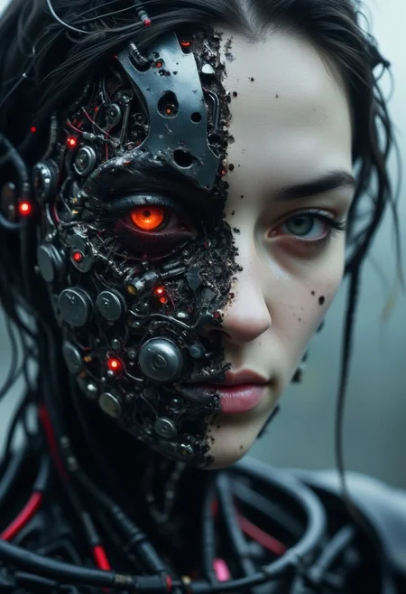 wired-cyborg, biomechanical, high quality photography of a woman's face, split down the middle, showcasing two distinct halves. The left side of her face is a mechanical construct, resembling a futuristic cyborg or android, with intricate circuitry and wires visible beneath her skin. The mechanical half is a dark, metallic color with glowing red circuitry and numerous tiny, glowing red lights, giving it an eerie, otherworldly appearance. The right side of her face is human, with pale, almost deathly skin, sci-fi horror aesthetic.
