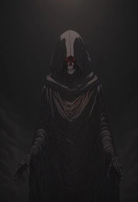 Masterpiece,best quality,limited color palette,lineart,vector art,1girl,solo, cowboy shot,
Hidden face, shadows, hood, cloak, paranormal, gaseous, smoke, dust, skeletal, grim Reaper, scythe, glowing eyes, red eyes, dark background, P0K3M1LF5TYL3,