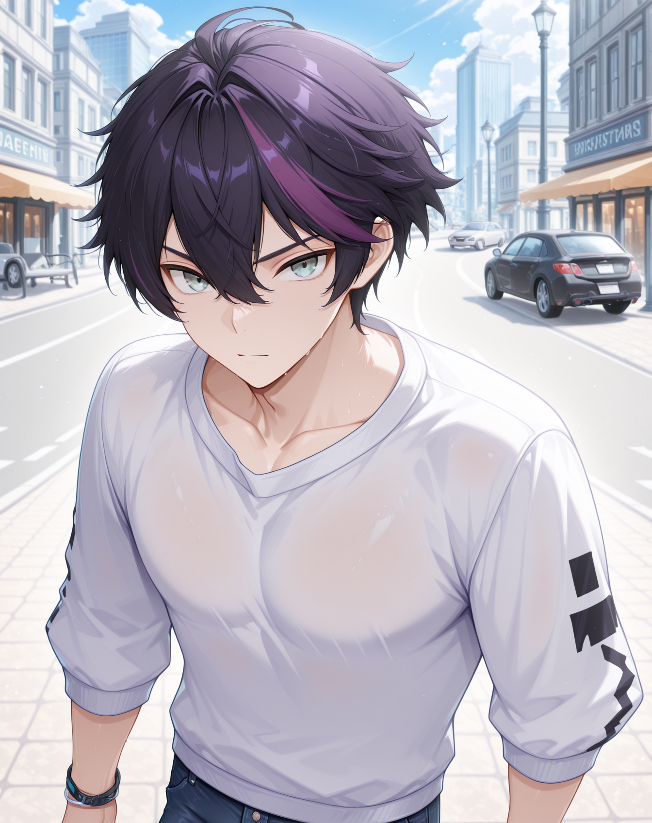 masterpiece,best quality,amazing quality, newest, very aesthetic, absurdres,
1boy, solo, yaoi, male focus, looking at viewer, cowboy shot, standing,
<lora:Sieghart_T_Summer:1> siegtsummer, black hair, streaked hair, purple hair, grey eyes, short hair, hair between eyes,
white shirt, jeans, sneakers,
outdoors, day, blue sky, building, street, road, lamppost, car,
