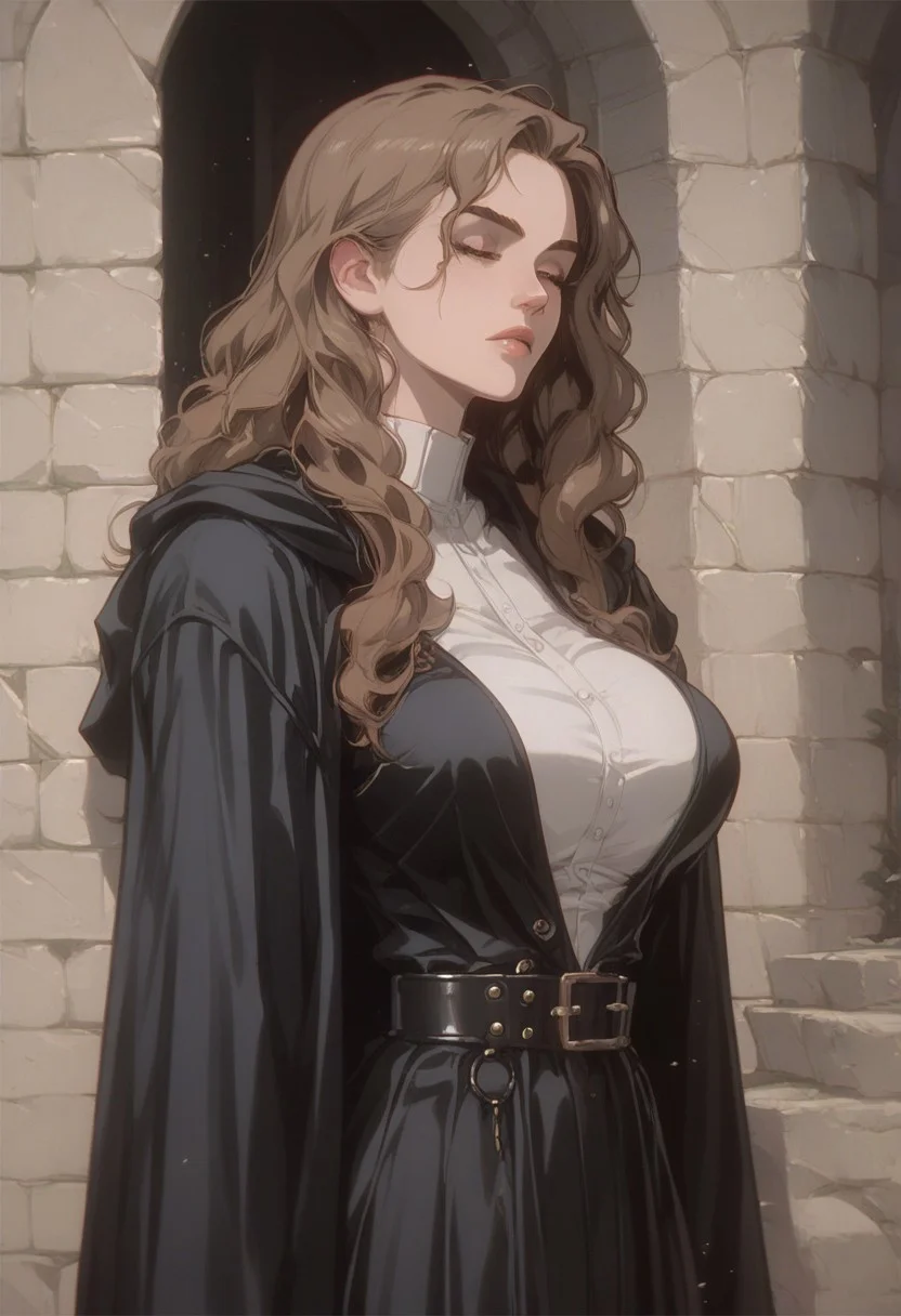 score_9, score_8_up, score_7_up, (portrait), 1girl, hermione granger, black robe, castle, (big breasts), Vintage, 1990s \(style\)