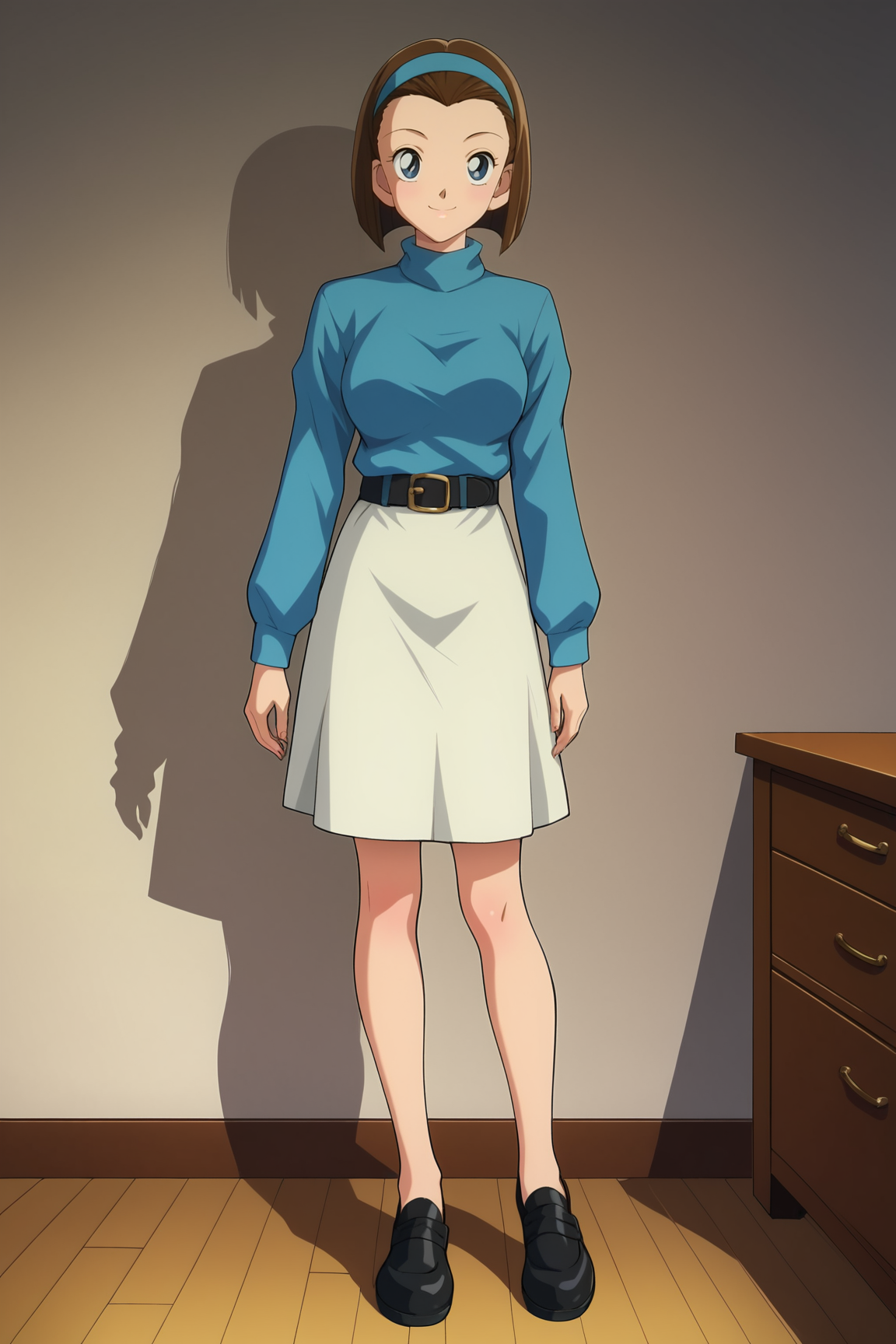 score_9, score_8_up, score_7_up, score_6_up, BREAK, SonokoSuzukiDCXL, 1990s (style), blue eyes, brown hair, short hair, bob cut, forehead, blue hairband, medium breasts, turtleneck, blue sweater, long sleeves, black belt, white skirt, black shoes, solo, full body, standing, seductive smile, looking at viewer, indoors  <lora:SonokoSuzukiDCXL:0.8>