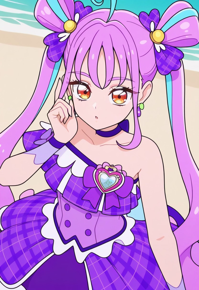 CK4w Style (3D, render, flat colors, no outline:1.15), masterpiece, best quality, newest, absurdres, highres, seductive, sexy, 1girl, Cure Kyunkyun, purple hair, twintails, multiclored hair, amber eyes, small breasts, short body, ahoge, hair ornaments, hair ribbon, butterfly ribbon, purple ribbon, earrings, jewelry, beach background, idol costume, purple dress