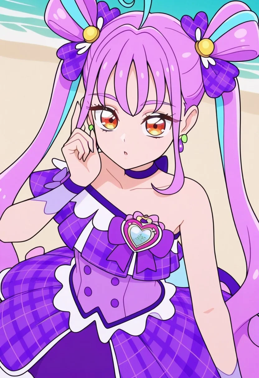 CK4w Style (3D, render, flat colors, no outline:1.15), masterpiece, best quality, newest, absurdres, highres, seductive, sexy, 1girl, Cure Kyunkyun, purple hair, twintails, multiclored hair, amber eyes, small breasts, short body, ahoge, hair ornaments, hair ribbon, butterfly ribbon, purple ribbon, earrings, jewelry, beach background, idol costume, purple dress