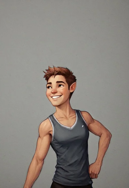side view, digital painting by Shawn Coss and Sam Spratt in the style of Edwin Georgi of a cute fit 18 year old olympian's face and cleavage, huge smile, cinematic fashion shot, v neck <lora:EnvyStudioPortraitXL01:0.50>