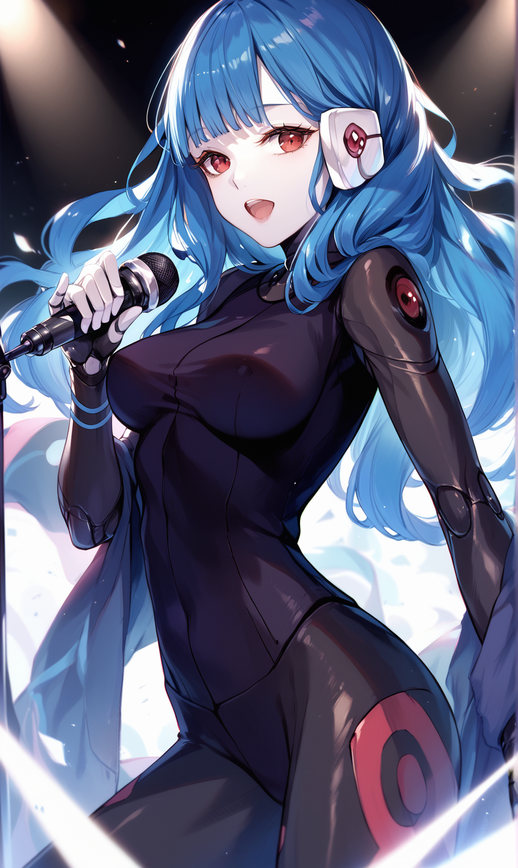 (score_9,score_8_up,score_7_up,score_6_up,score_5_up),solo, long hair, colored skin, looking at viewer, blunt bangs, headphones, android, singing, microphone, holding microphone, black background, stage, 1girl, bodysuit, open mouth, blue hair, breasts, red eyes, kira miki, <lora:VA-11 Hall-A-xl:1>