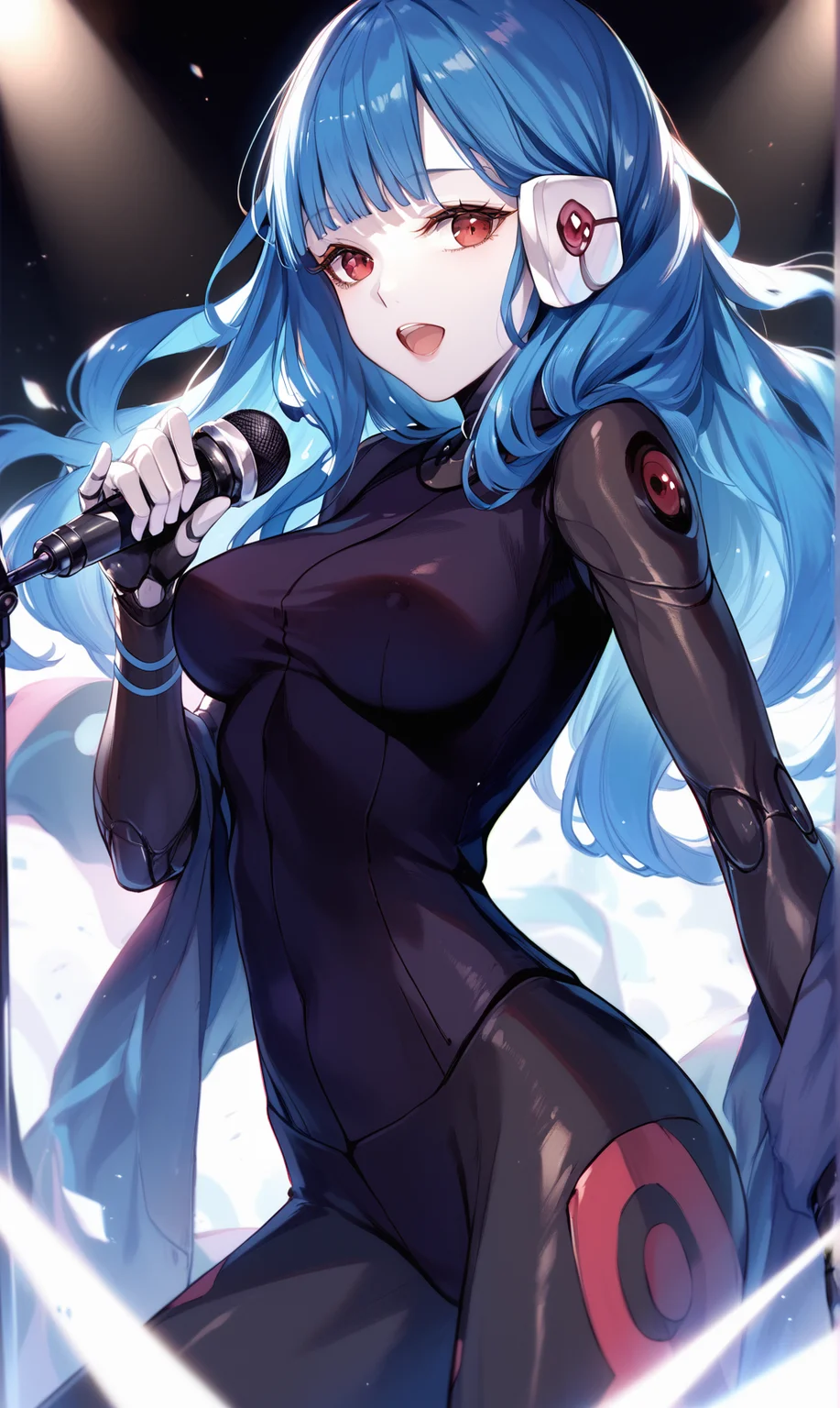 (score_9,score_8_up,score_7_up,score_6_up,score_5_up),solo, long hair, colored skin, looking at viewer, blunt bangs, headphones, android, singing, microphone, holding microphone, black background, stage, 1girl, bodysuit, open mouth, blue hair, breasts, red eyes, kira miki, <lora:VA-11 Hall-A-xl:1>