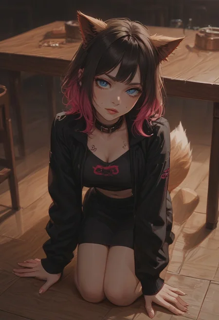 (score_9, score_8_up, score_7_up, 25 Years old, from above, brown hair, Pink Hair, dark hair, two toned hair, medium breasts, looking at viewer, Sitting, 1girl, choker, collar, shock collar, Marked Tattoo, Tattoo, Standing, Eevee ears, Eevee tail, pet, pet play, bdsm, Light skin, Neko, Blue Eyes, Eevee eyes, Fox Ears, Fox Tail, Jacket Shirt, Expressiveh, may, confident, submissive, Neon, RGB, Sexy Attire, Skirt, Black Skirt, Black Jacket, Sitting on the floor next to a table, all fours, leash, dog bowl on floor, table, chairs, drinks
Indoors, Proffesional lighting, Kink club, BDSM Club, Table, Drinks, HDA_pet_play