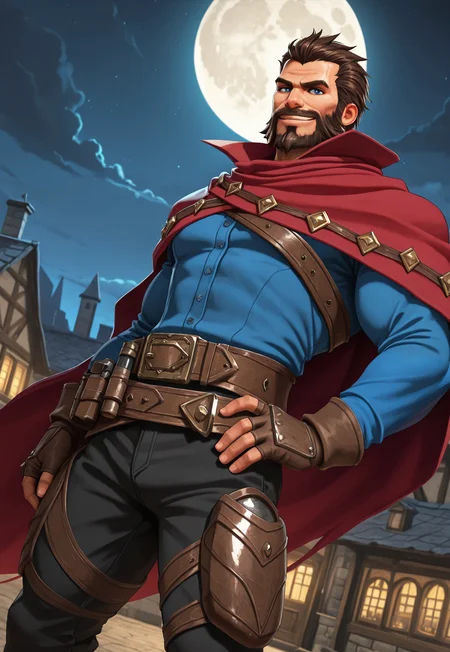 MalcolmGraves, brown hair, short hair, blue eyes, facial hair, beard, blue long sleeve shirt, red cape, belt, brown fingerless gloves, muscular, upper body, looking at viewer, smile, dynamic pose, detailed background, old town, night, dutch angle, leg holsters, black pants, dutch angle, hand on hip, clouds, moon, bloom,