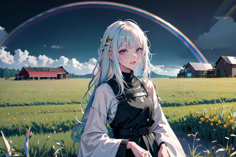 (otherworldly), highly insanely detailed, masterpiece, top quality, best quality, highres, 4k, 8k, RAW photo, (very aesthetic, beautiful and aesthetic), farm, fields, barn, fence, fantfa, <lora:FantasyFarm-10:0>, 
1girl, 
(off-white hair ,rainbow hair,Iridescence hair,gradient hair), 
(dark background),âââ