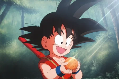source_anime, score_9, score_8_up, score_7_up, anime screencap,8k, absurd res,
son goku, solo, smile, open mouth, black hair, 1boy, holding, upper body, :d, male focus, outdoors, day, black eyes, tree, happy, sunlight, spiked hair, wristband, nature, forest, light rays, dragon ball \(object\), looking at hands, dougi, blue wristband, male child, nyoibo, red topwear, raised eyebrows, weapon on back, fingernails, sleeveless
<lora:gokudb_pony_v3:0.8>