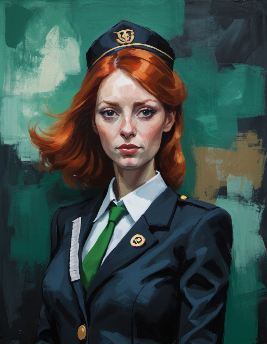 surreal painting, portrait of an Irish woman, flight attendant, redhead, dark theme, abstract painting background,  <lora:DiscoDeliriumXL-v1.2:0.9>