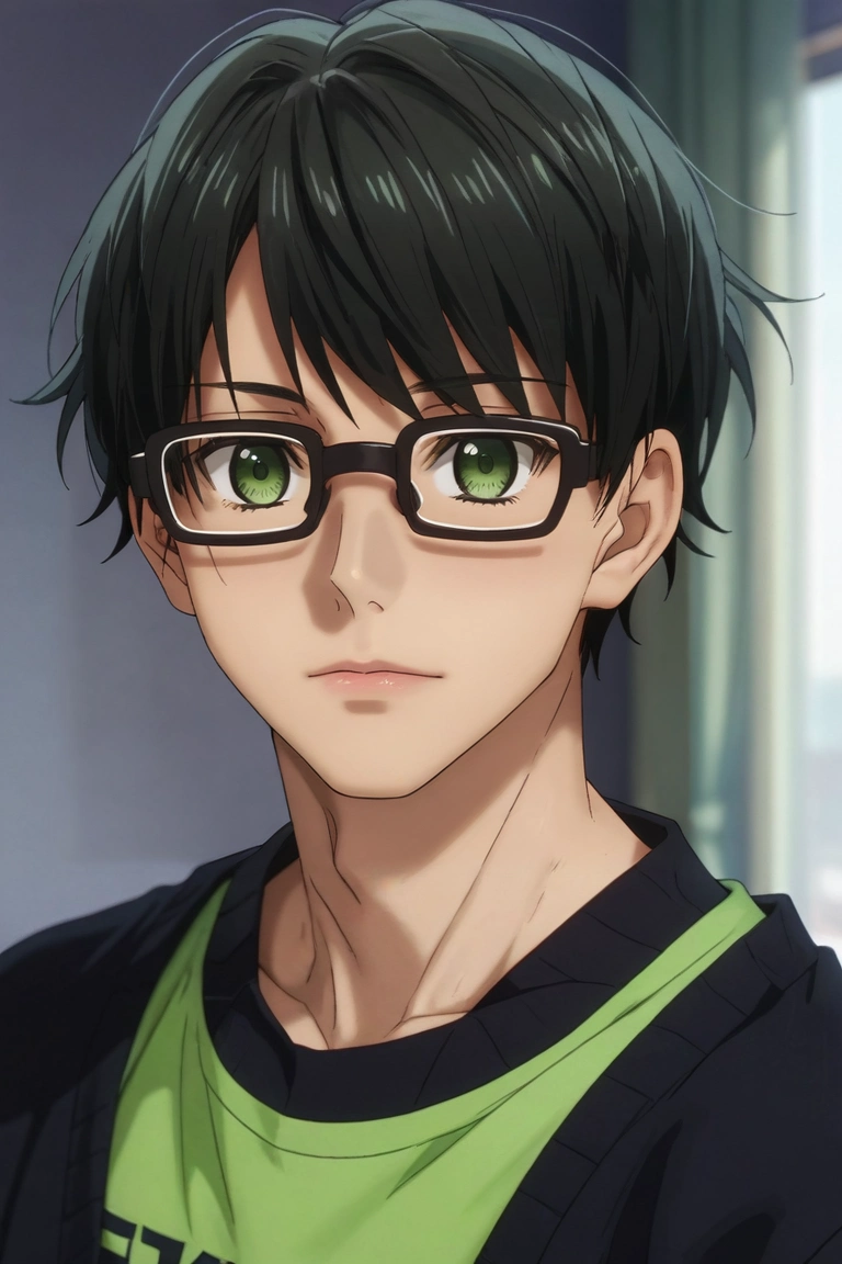 score_9, score_8_up, score_7_up, source_anime, rating_safe, intricate details, (realistic:0.6), , depth of field, 1boy, solo, male focus, <lora:tasuku_kuresawa_pony:0.92>, tasuku_kuresawa, black hair, green eyes, short hair, glasses, , geek costume, <lora:sdxl_lightning_8step_lora:1>