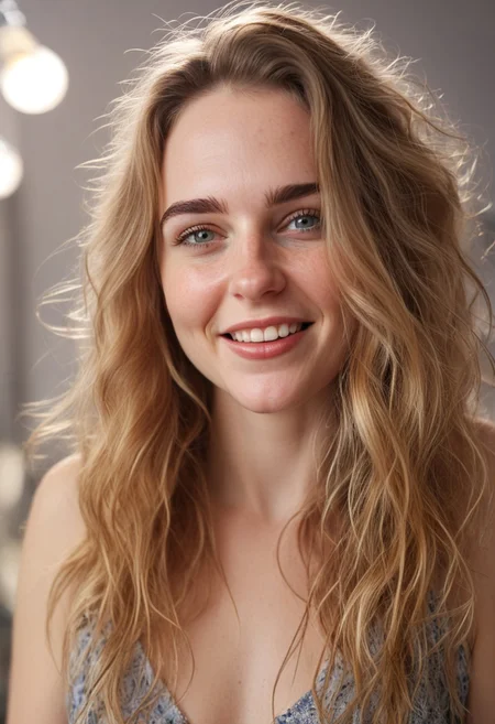 30yo american woman in a photostudio
Modeling High cut, high Quality Dress.
Slight makeup, heavy rimmel. Clear skin.  realistic skin style
Long messy stylish hair. 
Shooting light, indors, cable light
Studio background.
Winking, lip bite. Smiling. \(biting on own lips\)
Bokeh. Heavy Bokeh light.