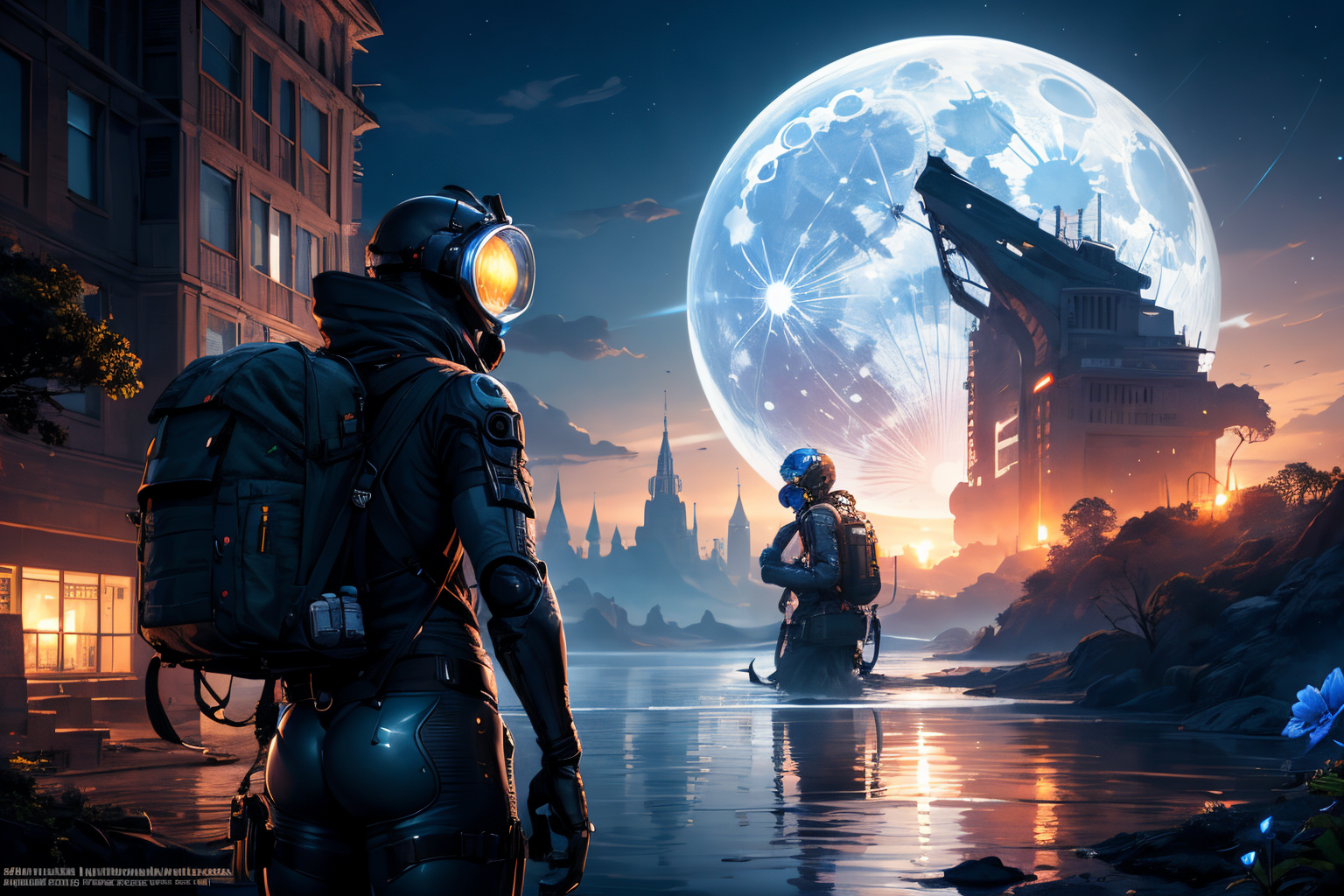 (Realistic:1.5) robot, arch, bird, 1other, watermark, gas mask, backpack, giant, neon trim, water, blurry, fantasy, plant, silhouette, tongue out, cloud, blue flower, full moon, blood, standing, <lora:EdobSyFyHorrorFairyTale_v1.0:0.8>