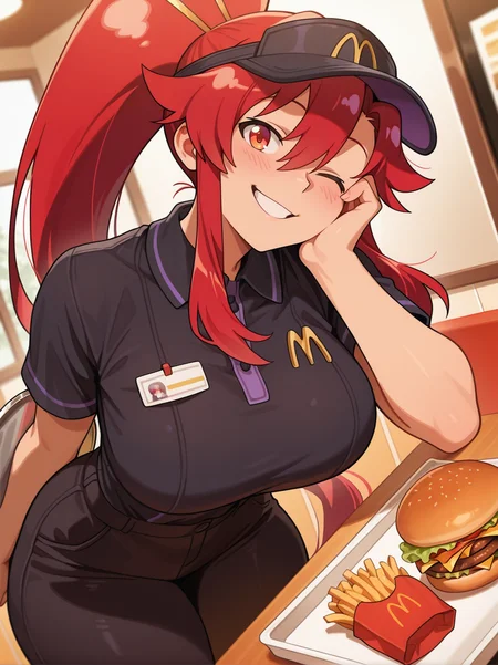 highres, hi res, best quality, masterpiece,, anime coloring,
1girl, (yoko littner:1.1), large breasts, thick thighs, narrow waist, McUniform, employee uniform, polo shirt, black shirt, (visor cap:1.2), black pants,
evil smile, one eye closed, blush, dutch angle, naughty pose, looking at viewer, restaurant, solo, looking at viewer, one hand holding tray with burger, french fries, soda, one hand on cheek, leaning forward, portrait, dynamic pose, cowboy shot, head tilt,, 
<lora:ATRex_style-15:0.5>, <lora:illustriousXL_stabilizer_v1.7:0.4>,,  <lora:AMcDonaldUniform_Concept-08:0.85>