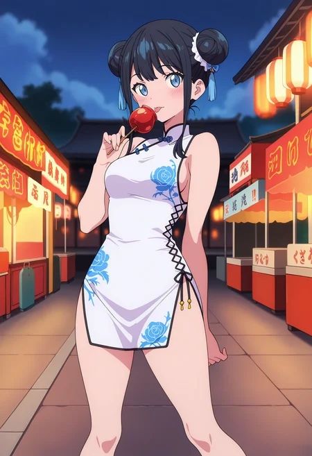 anime screencap, masterpiece, best quality,
<lora:SSSSGridman_TakaradaRikka_IlluXL:0.9>,
1girl, solo, blush, licking, tongue out,
double bun, black hair, blue eyes,
china dress, white dress, sideboob, cross-laced clothes,
holding, candy apple,
standing, legs apart, looking at viewer,
east asian architecture, summer festival, , blurry background