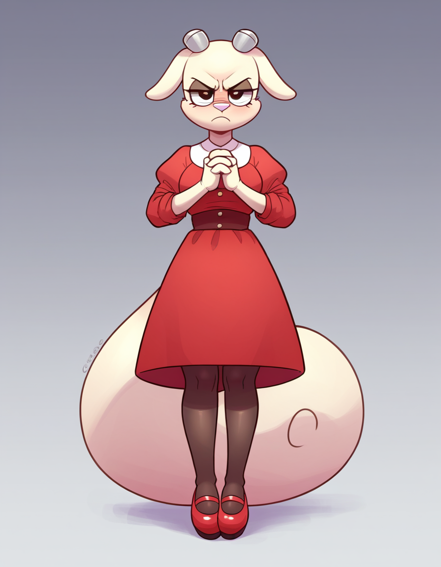 zPDXL, score_9, score_8_up, score_7_up, score_6_up, score_5_up, 4k, absurdres, looking at viewer, <lora:Perfect Hands:0.8> Perfect Hands, 1girl, solo, 
furry female, mongoose ears, mongoose tail, mongoose legs,angry, own_hands_clasped, red-dress, Mary-Janes, sheer-pantyhose,
<lora:CreamGag:0.8> crmgg
