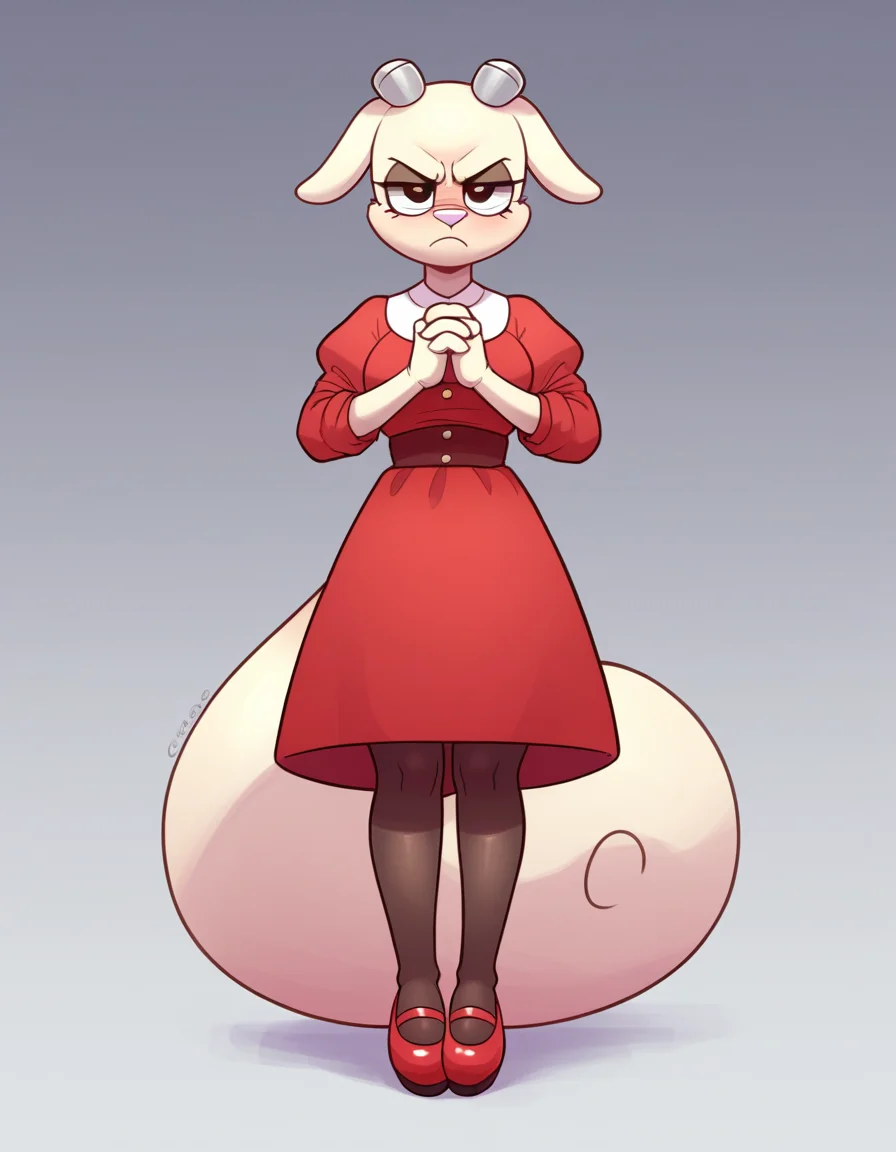 zPDXL, score_9, score_8_up, score_7_up, score_6_up, score_5_up, 4k, absurdres, looking at viewer, <lora:Perfect Hands:0.8> Perfect Hands, 1girl, solo,
furry female, mongoose ears, mongoose tail, mongoose legs,angry, own_hands_clasped, red-dress, Mary-Janes, sheer-pantyhose,
<lora:CreamGag:0.8> crmgg