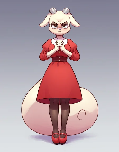 zPDXL, score_9, score_8_up, score_7_up, score_6_up, score_5_up, 4k, absurdres, looking at viewer, <lora:Perfect Hands:0.8> Perfect Hands, 1girl, solo, 
furry female, mongoose ears, mongoose tail, mongoose legs,angry, own_hands_clasped, red-dress, Mary-Janes, sheer-pantyhose,
<lora:CreamGag:0.8> crmgg
